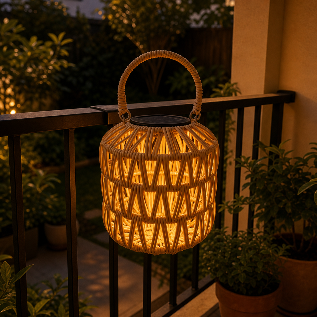 Rattan Glow — Solar Outdoor Lantern - lit