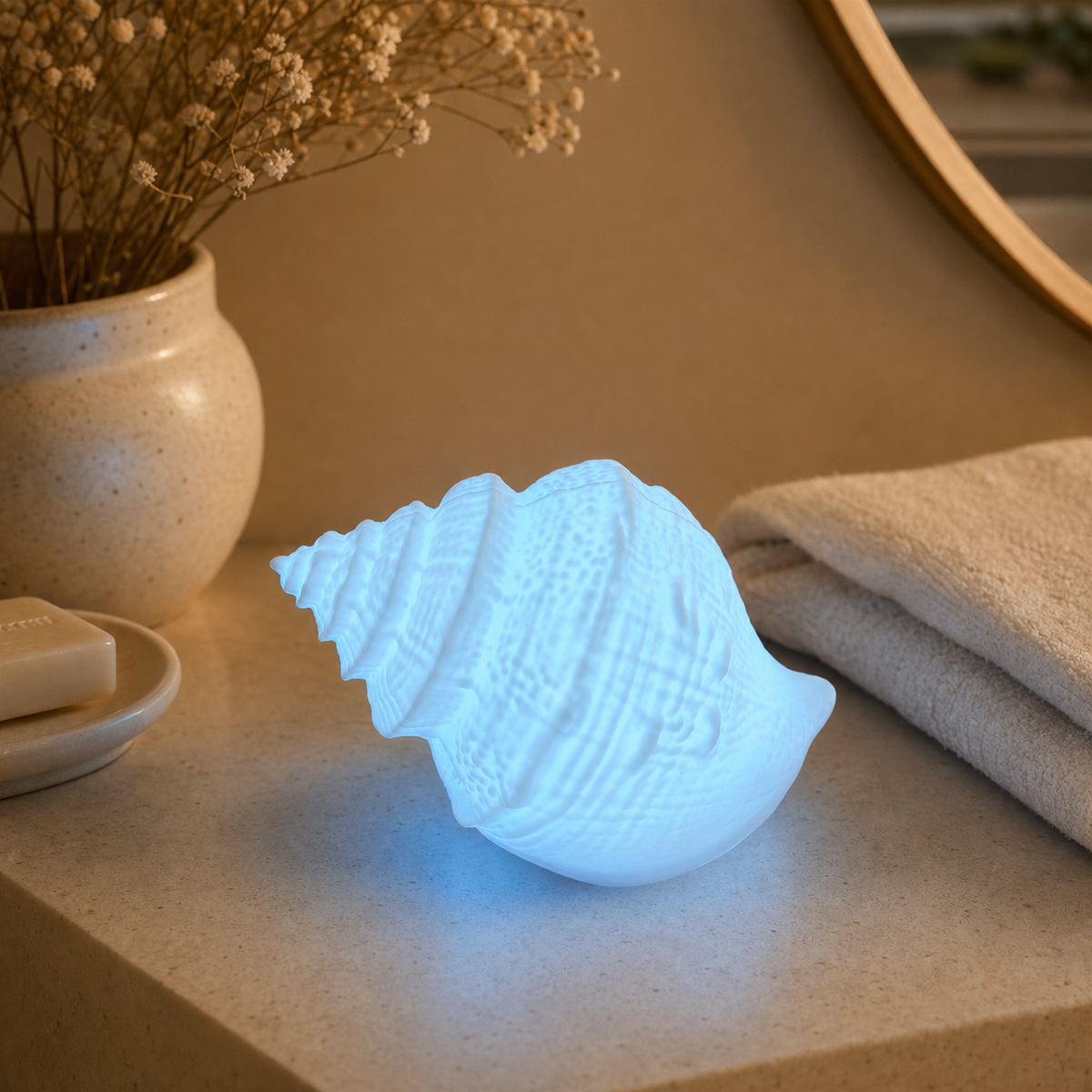 Conch Glow lit bedside scene