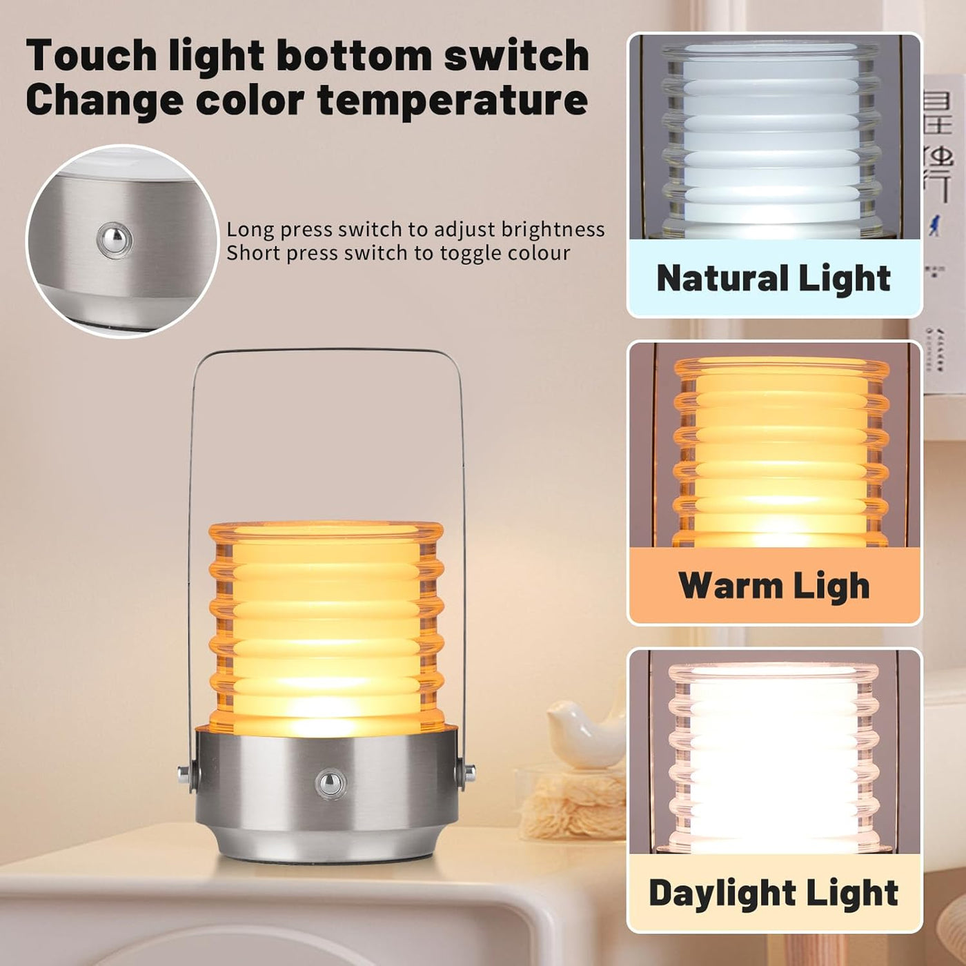 Cordless Portable LED Table Lamp， Rechargeable Battery Operated Desk Lamp with Touch Sensor, Three-Level Dimmable Suitable for Bars/Cafes/Restaurants/Bedrooms/Camping Sites. (Silver)