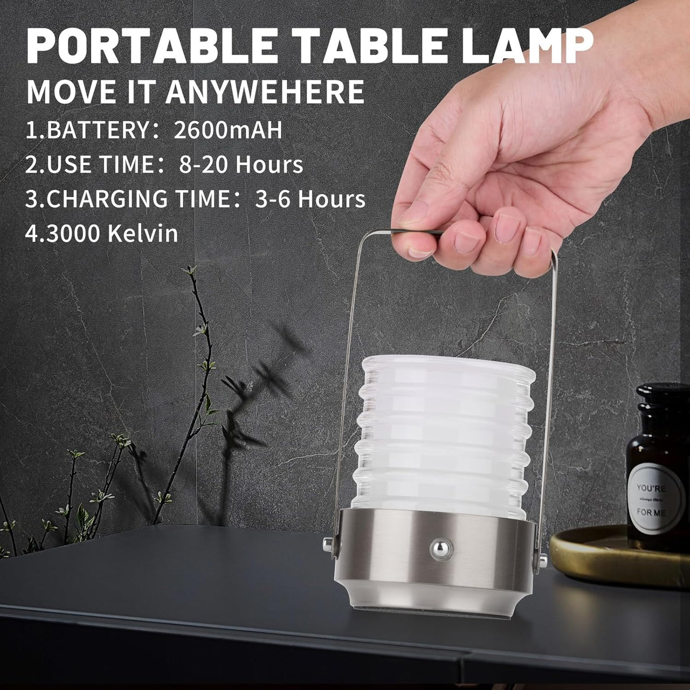 Cordless Portable LED Table Lamp， Rechargeable Battery Operated Desk Lamp with Touch Sensor, Three-Level Dimmable Suitable for Bars/Cafes/Restaurants/Bedrooms/Camping Sites. (Silver)