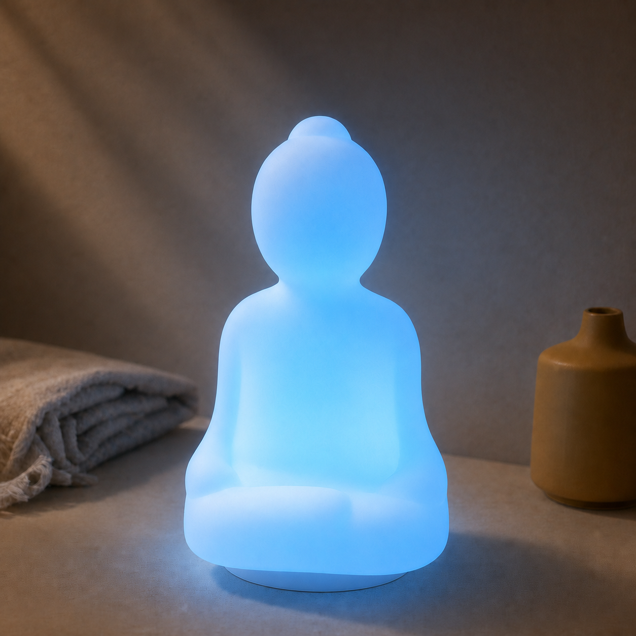 Breathe blue glow night light in a dim warm bedside scene