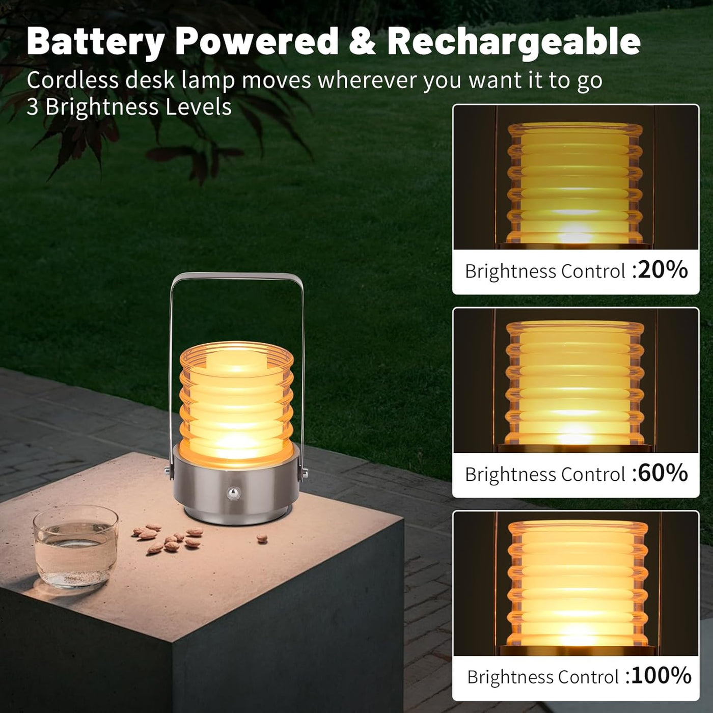 Cordless Portable LED Table Lamp， Rechargeable Battery Operated Desk Lamp with Touch Sensor, Three-Level Dimmable Suitable for Bars/Cafes/Restaurants/Bedrooms/Camping Sites. (Silver)