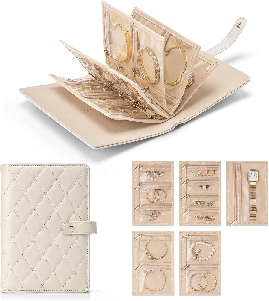 Travel Jewelry Organizer Case, Jewelry Storage Book Ring Binder with Clear Zipper Velvet Jewelry Pouches Bags for Rings,Necklace,Earrings,Valentines Day Gifts for Her-Cream White